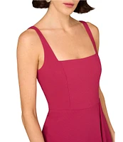 Aidan Mattox Stretch Crepe Square Neck Ruffle Asymmetrical A-Line Midi Dress