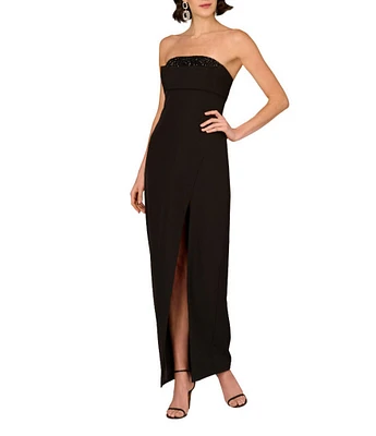 Aidan Mattox Stretch Crepe Strapless Beaded High Leg Sheath Gown