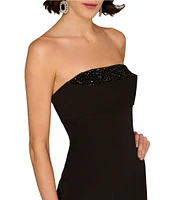 Aidan Mattox Stretch Crepe Strapless Beaded High Leg Sheath Gown