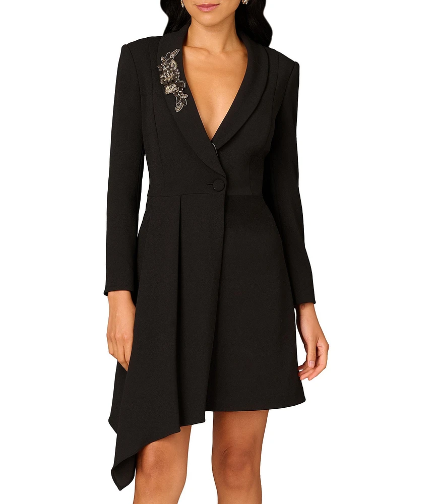 Aidan Mattox Stretch Crepe V-Neck Long Sleeve Beaded Brooch Button Front Tuxedo Dress