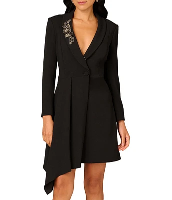 Aidan Mattox Stretch Crepe V-Neck Long Sleeve Beaded Brooch Button Front Tuxedo Dress