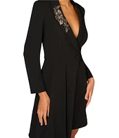 Aidan Mattox Stretch Crepe V-Neck Long Sleeve Beaded Brooch Button Front Tuxedo Dress