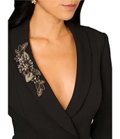 Aidan Mattox Stretch Crepe V-Neck Long Sleeve Beaded Brooch Button Front Tuxedo Dress