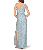 Aidan Mattox Stretch Jacquard One Shoulder Neck Sleeveless Bow Waist Column Dress