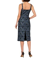 Aidan Mattox Stretch Jacquard Square Neck Pleated Sheath Midi Dress