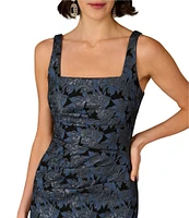 Aidan Mattox Stretch Jacquard Square Neck Pleated Sheath Midi Dress