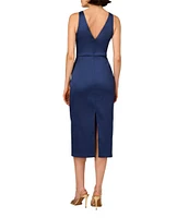 Aidan Mattox Stretch Mikado V-Neck Beaded Sheath Midi Dress