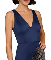 Aidan Mattox Stretch Mikado V-Neck Beaded Sheath Midi Dress