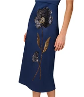 Aidan Mattox Stretch Mikado V-Neck Beaded Sheath Midi Dress