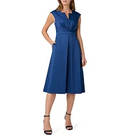 Aidan Mattox Stretch V-Neck Cap Sleeve Pleated Bodice Midi Dress