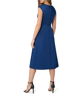 Aidan Mattox Stretch V-Neck Cap Sleeve Pleated Bodice Midi Dress