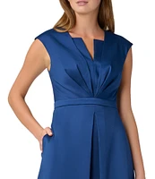 Aidan Mattox Stretch V-Neck Cap Sleeve Pleated Bodice Midi Dress