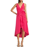 Aidan Mattox Taffeta V-Neck Sleeveless Rosette Front Ruffle High-Low A-Line Midi Dress