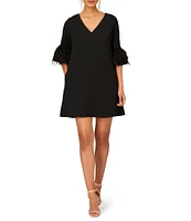 Aidan Mattox V-Neck 3/4 Sleeve Feather Trim Trapeze Dress