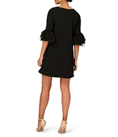 Aidan Mattox V-Neck 3/4 Sleeve Feather Trim Trapeze Dress