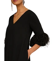 Aidan Mattox V-Neck 3/4 Sleeve Feather Trim Trapeze Dress