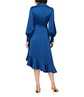 Aidan Mattox V-Neck Bishop Sleeve Asymmetrical Ruffle Hem Wrap Dress