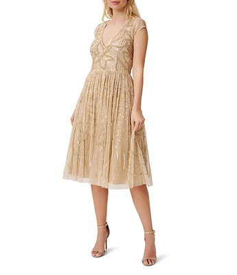 Aidan Mattox V-Neck Cap Sleeve Beaded Pleated Midi Dress