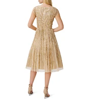 Aidan Mattox V-Neck Cap Sleeve Beaded Pleated Midi Dress