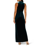 Aidan Mattox Velvet V-Neck Collar Sleeveless Tie Waist Front Slit Gown