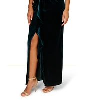 Aidan Mattox Velvet V-Neck Collar Sleeveless Tie Waist Front Slit Gown