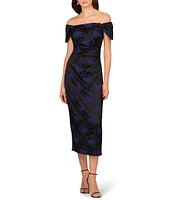 Aidan Mattox Woven Jacquard Off-The-Shoulder Neck Cap Sleeve Pleated Midi Sheath Dress