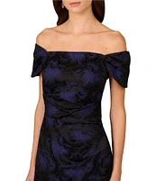 Aidan Mattox Woven Jacquard Off-The-Shoulder Neck Cap Sleeve Pleated Midi Sheath Dress