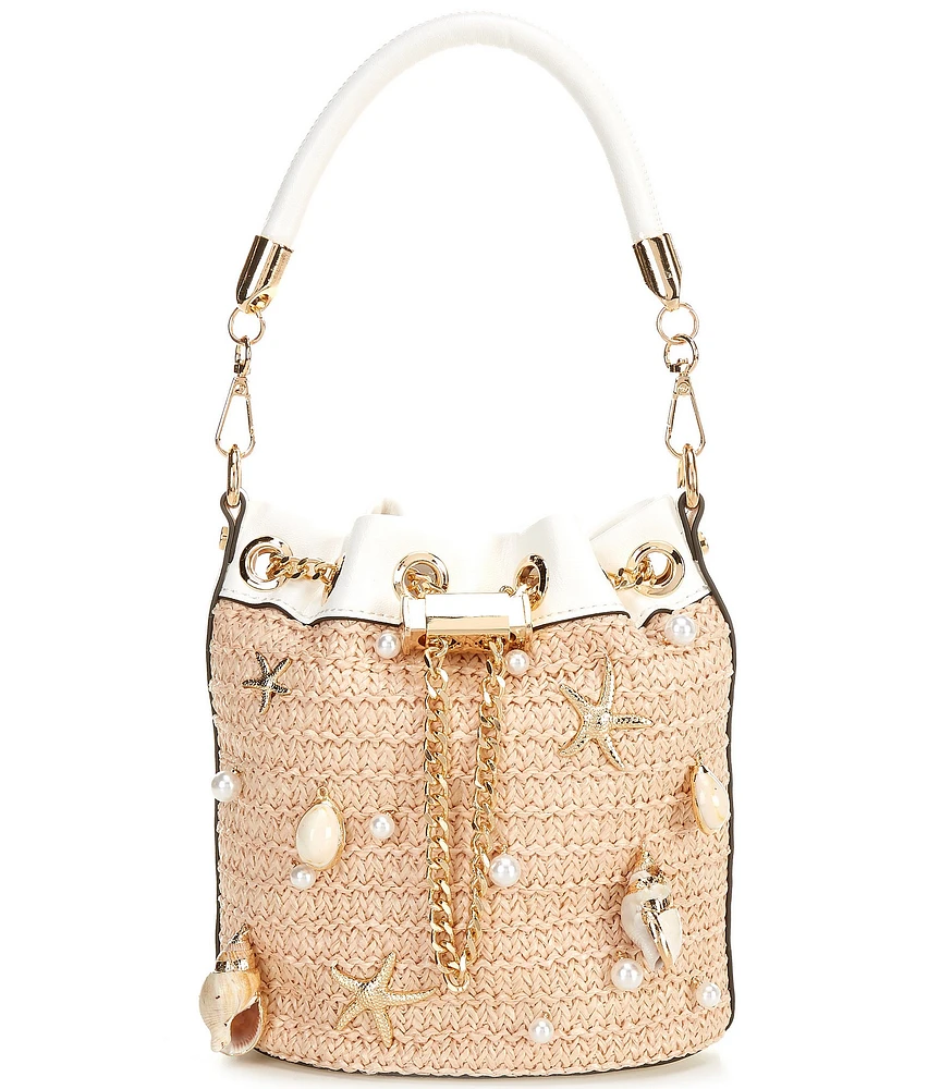 ALDO Sirenax Raffia Drawstring Shell Detail Bucket Bag