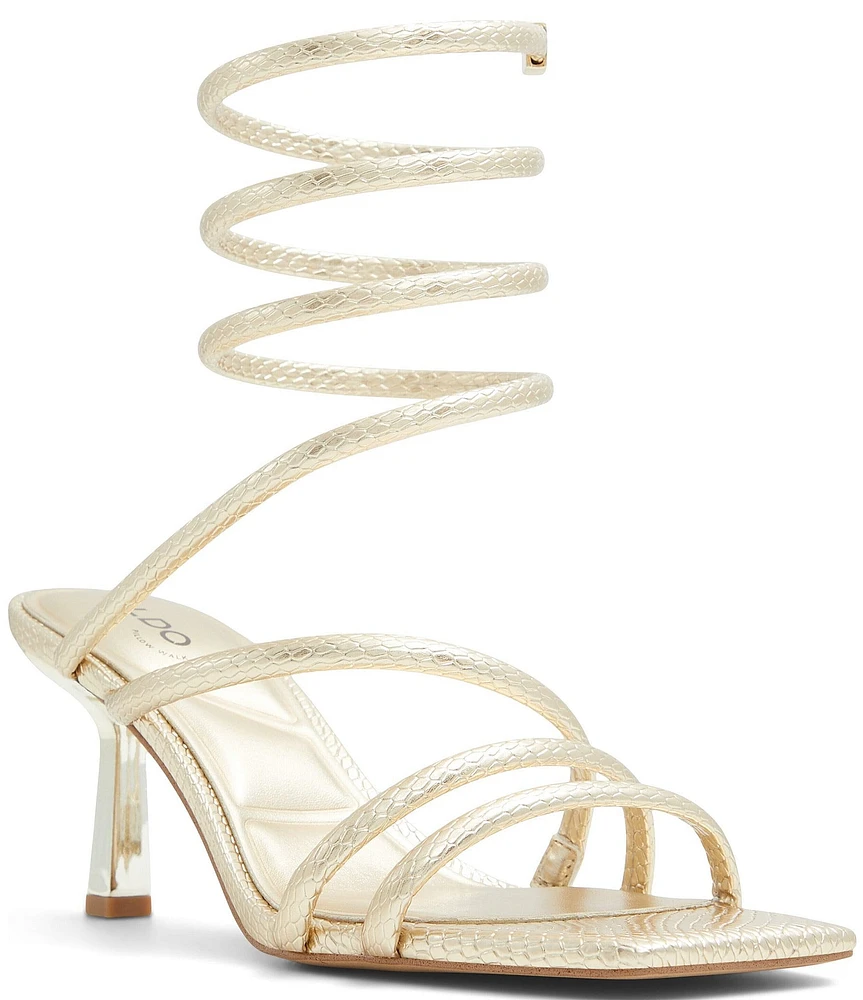 ALDO Twirly Metallic Snake Embossed Ankle Wrap Strappy Dress Sandals