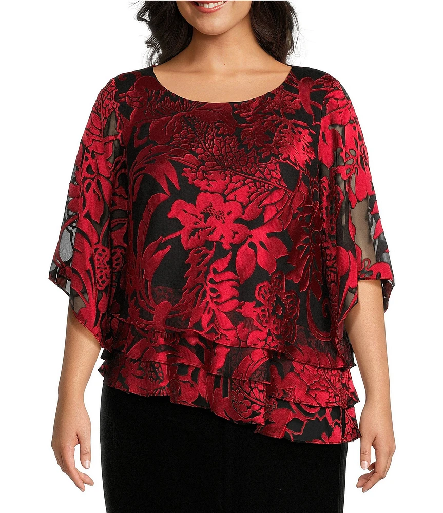 Alex Evening Plus Size Printed Chiffon Scoop Neck Short Sleeve Asymmetrical Tiered Blouse