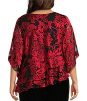 Alex Evening Plus Size Printed Chiffon Scoop Neck Short Sleeve Asymmetrical Tiered Blouse