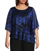 Alex Evening Plus Size Printed Chiffon Scoop Neck Short Sleeve Asymmetrical Tiered Blouse