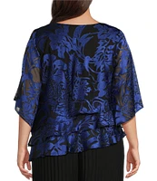 Alex Evening Plus Size Printed Chiffon Scoop Neck Short Sleeve Asymmetrical Tiered Blouse