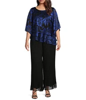 Alex Evening Plus Size Printed Chiffon Scoop Neck Short Sleeve Asymmetrical Tiered Blouse