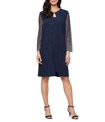Alex Evenings 3/4 Beaded Sleeve Metallic Knit Jacket Dress