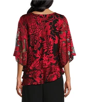 Alex Evenings Illusion Elbow Sleeve Boat Neck Asymmetrical Hem Triple Tier Chiffon Blouse