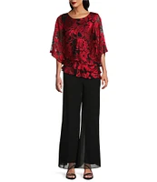 Alex Evenings Illusion Elbow Sleeve Boat Neck Asymmetrical Hem Triple Tier Chiffon Blouse