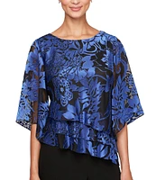 Alex Evenings Illusion Elbow Sleeve Boat Neck Asymmetrical Hem Triple Tier Chiffon Blouse