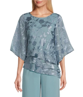 Alex Evenings 3/4 Illusion Sleeve Crew Neck Asymmetrical Triple Tier Hem Printed Chiffon Blouse