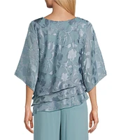 Alex Evenings 3/4 Illusion Sleeve Crew Neck Asymmetrical Triple Tier Hem Printed Chiffon Blouse