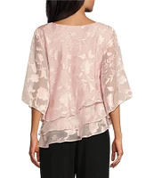 Alex Evenings 3/4 Illusion Sleeve Crew Neck Asymmetrical Triple Tier Hem Printed Chiffon Blouse