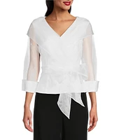 Alex Evenings 3/4 Illusion Sleeve Portrait Collar Tie Waist Organza Blouse