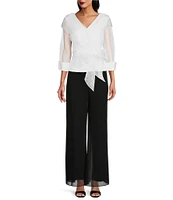 Alex Evenings 3/4 Illusion Sleeve Portrait Collar Tie Waist Organza Blouse