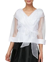 Alex Evenings 3/4 Illusion Sleeve Portrait Collar Tie Waist Organza Blouse
