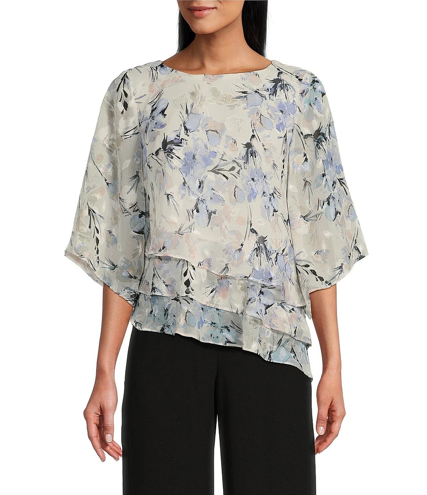Alex Evenings 3/4 Sleeve Boat Neck Asymmetrical Triple Tier Floral Chiffon Blouse