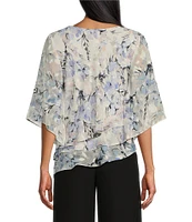 Alex Evenings 3/4 Sleeve Boat Neck Asymmetrical Triple Tier Floral Chiffon Blouse