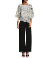 Alex Evenings 3/4 Sleeve Boat Neck Asymmetrical Triple Tier Floral Chiffon Blouse