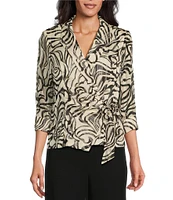 Alex Evenings 3/4 Sleeve Collared Neck Tie Waist Abstract Print Blouse