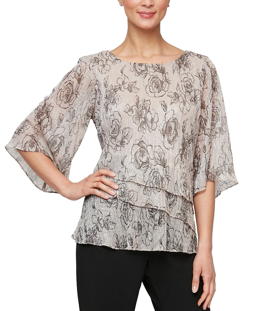 Alex Evenings 3/4 Sleeve Crew Neck Asymmetrical Tiered Hem Printed Blouse