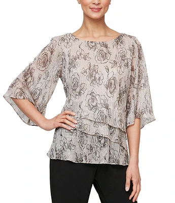 Alex Evenings 3/4 Sleeve Crew Neck Asymmetrical Tiered Hem Printed Blouse